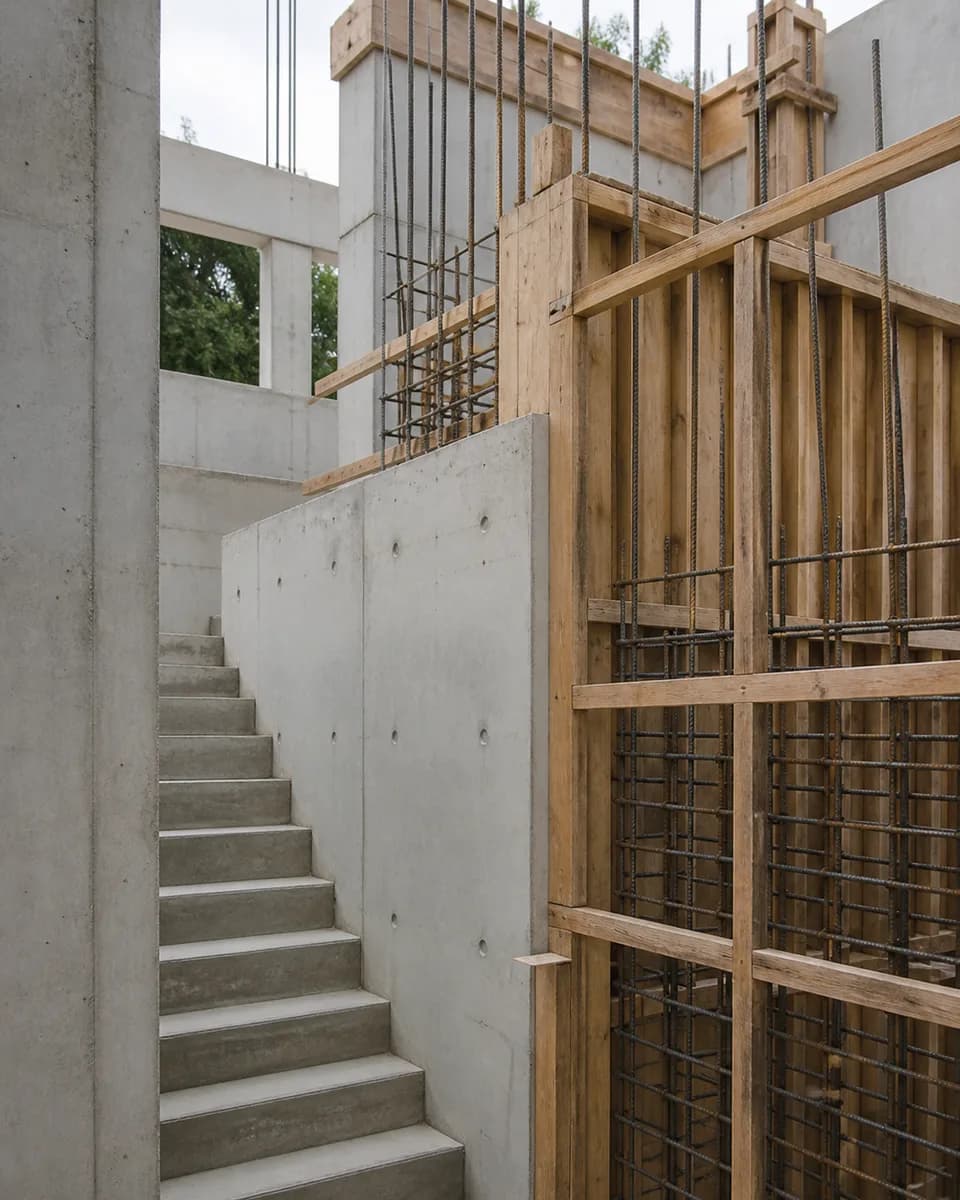 Concrete stair and structural formwork at a carefully organized construction site