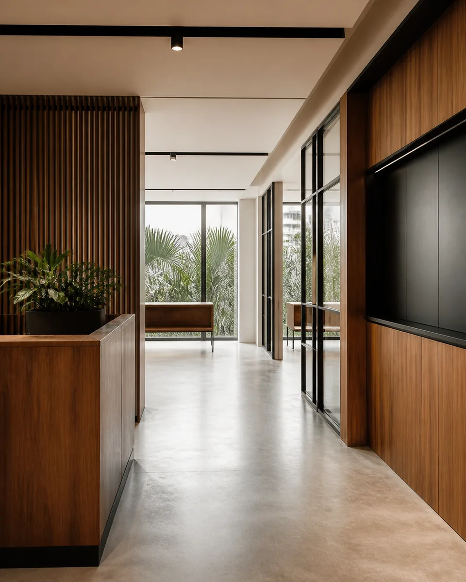 Warm wood and charcoal commercial interior fit-out with concrete flooring